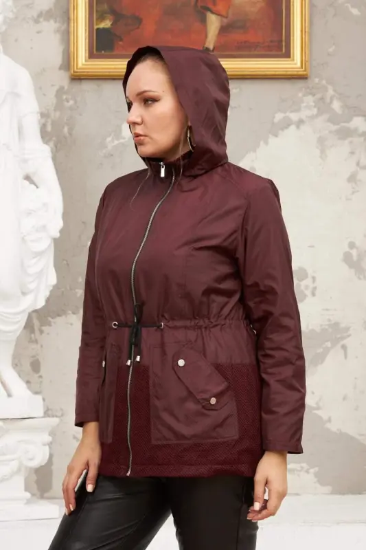 File Detailed Plus Size Burgundy Trench Coat - 3
