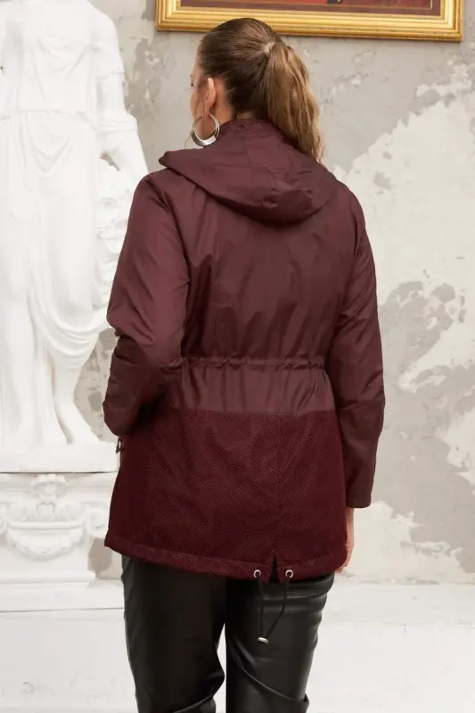 File Detailed Plus Size Burgundy Trench Coat - 4