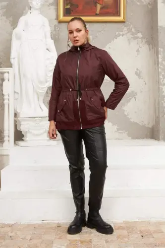File Detailed Plus Size Burgundy Trench Coat - 5