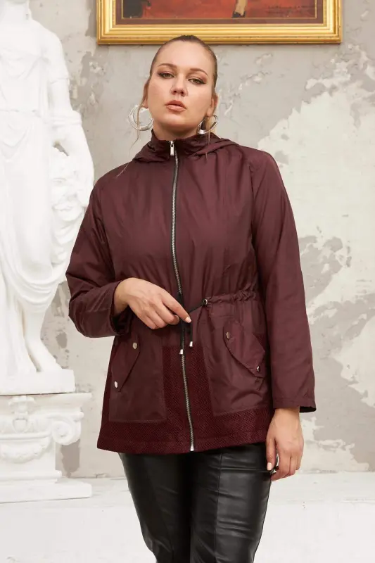 File Detailed Plus Size Burgundy Trench Coat - BÜYÜKBEDENIZ