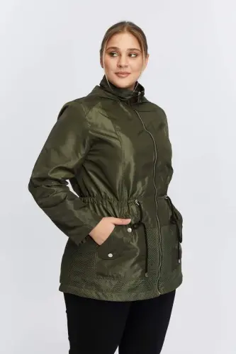 File Detailed Plus Size Khaki Trench Coat - 13