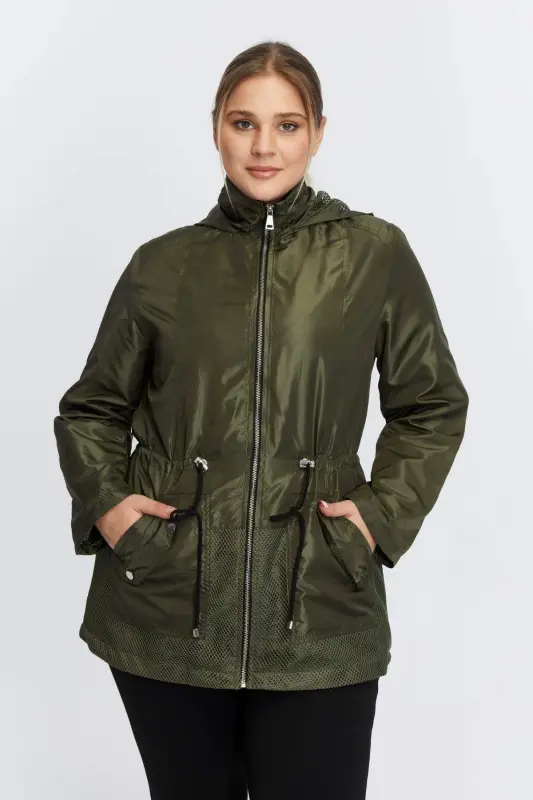 File Detailed Plus Size Khaki Trench Coat - BÜYÜKBEDENIZ