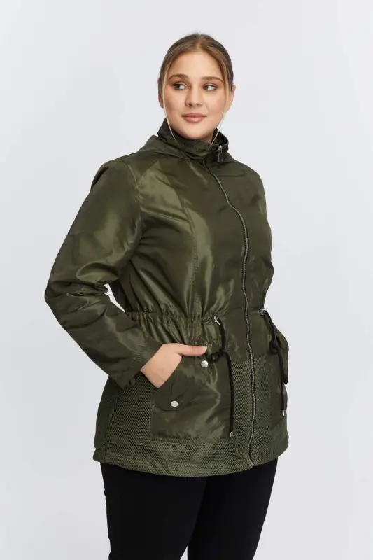 File Detailed Plus Size Khaki Trench Coat - 2