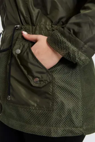 File Detailed Plus Size Khaki Trench Coat - 3