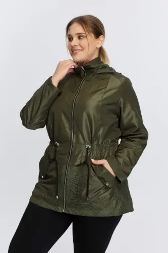 File Detailed Plus Size Khaki Trench Coat - 5