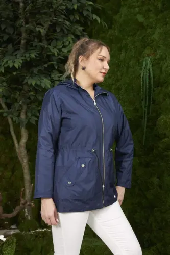 File Detailed Plus Size Navy Trench Coat - 3