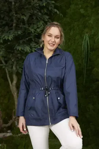 File Detailed Plus Size Navy Trench Coat - 1