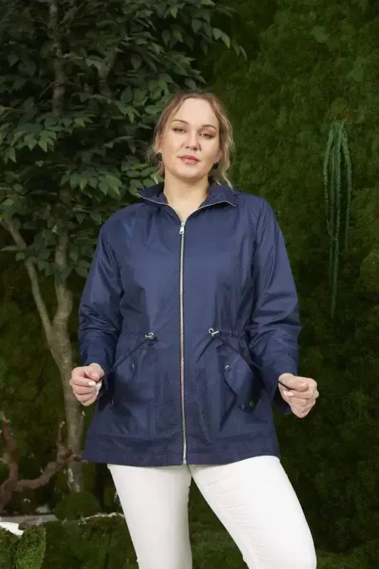 File Detailed Plus Size Navy Trench Coat - 2