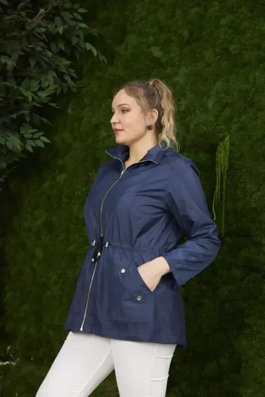 File Detailed Plus Size Navy Trench Coat - 4