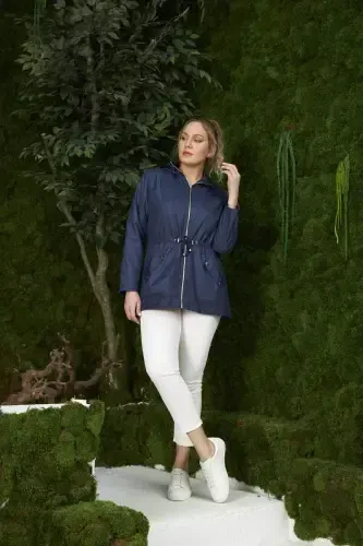 File Detailed Plus Size Navy Trench Coat - 6