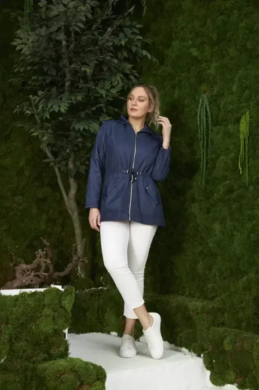 File Detailed Plus Size Navy Trench Coat - 6