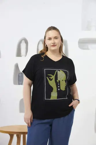 File Detailed Plus Size T-Shirt Black - 1