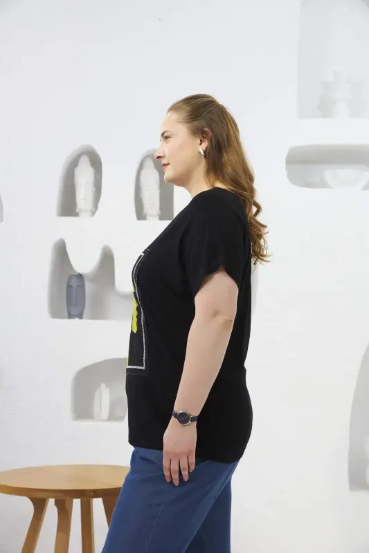 File Detailed Plus Size T-Shirt Black - 2