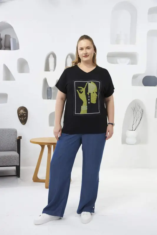 File Detailed Plus Size T-Shirt Black - 5