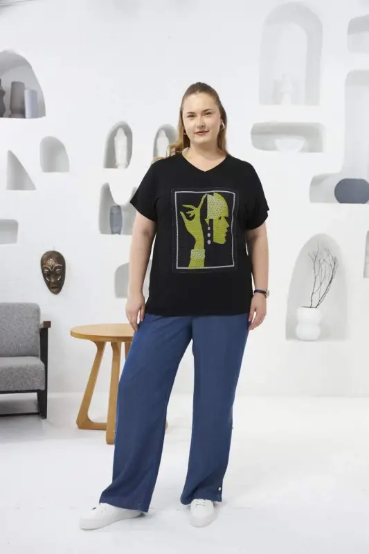 File Detailed Plus Size T-Shirt Black - 5