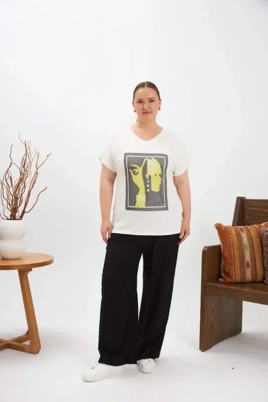 File Detailed Plus Size T-Shirt Ecru - 5