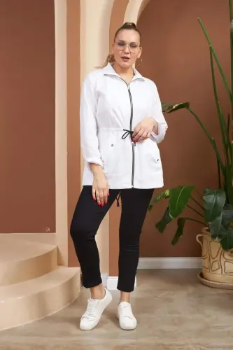 File Detailed Plus Size White Trench Coat - 5