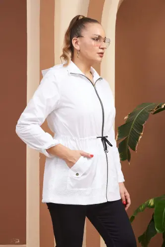 File Detailed Plus Size White Trench Coat - 9