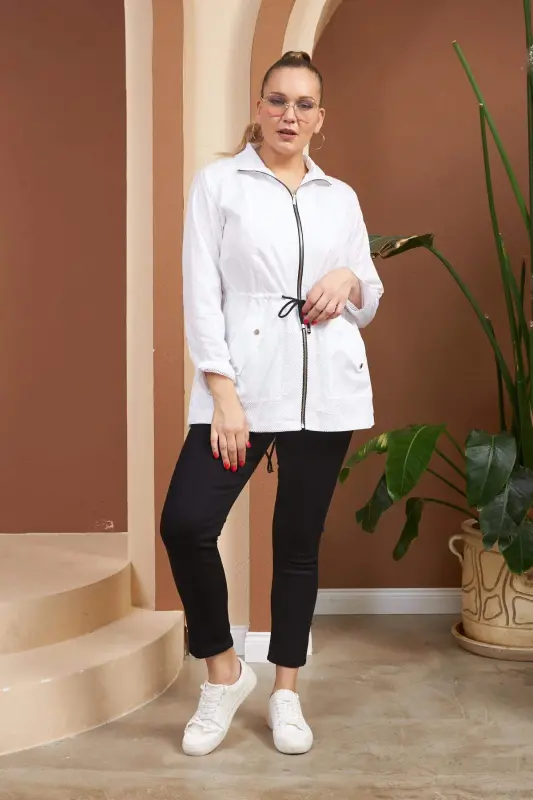 File Detailed Plus Size White Trench Coat - 5