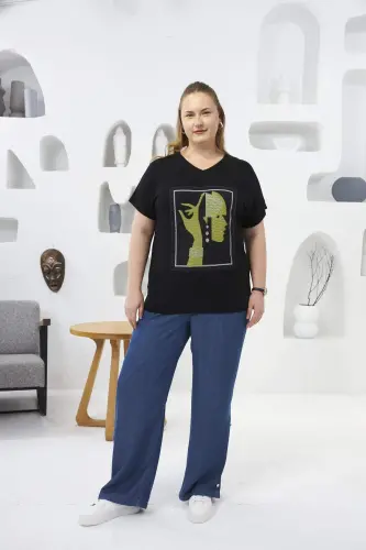 File Detaylı Büyük Beden Tişört Siyah - 5