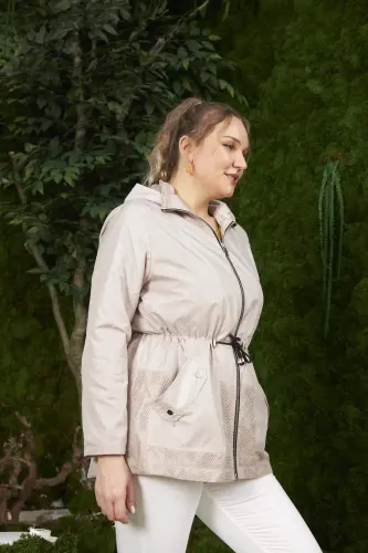 File Detaylı Büyük Beden Trençkot Krem - BÜYÜKBEDENIZ (1)