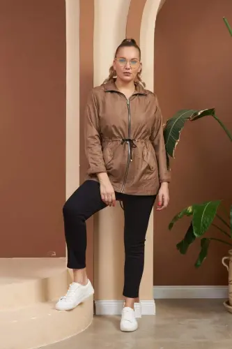 File Detaylı Büyük Beden Vizon Trençkot - 4