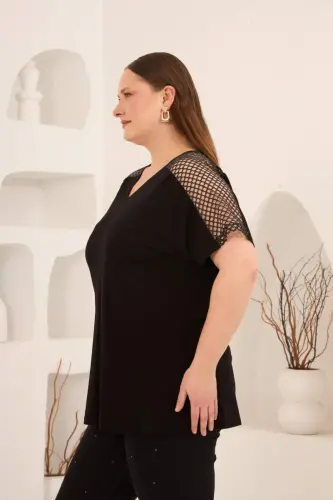 File Garnili Kadın Büyük Beden Tişört Siyah - 3