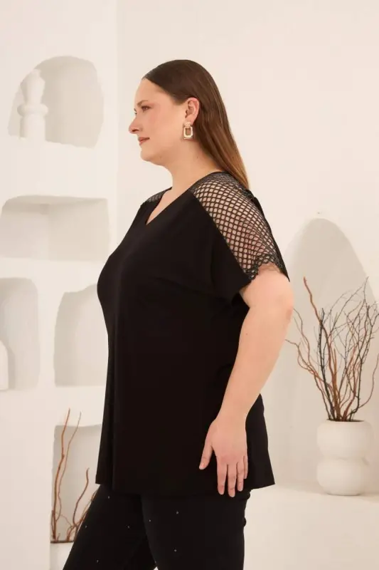 File Garnili Kadın Büyük Beden Tişört Siyah - 3