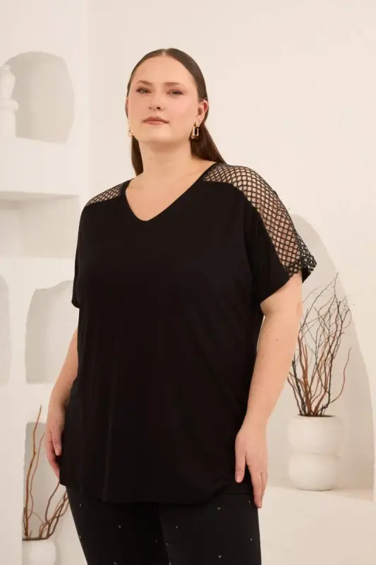 File Garnili Kadın Büyük Beden Tişört Siyah - 4