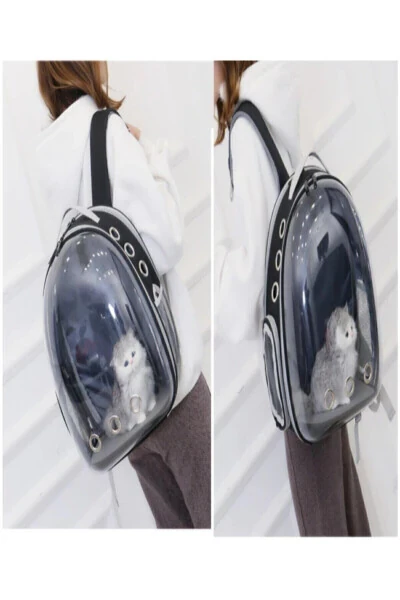 Fileli Açılabilir Şeffaf Astronot Kedi Köpek Evcil Hayvan Taşıma Çantası-Siyah - 3