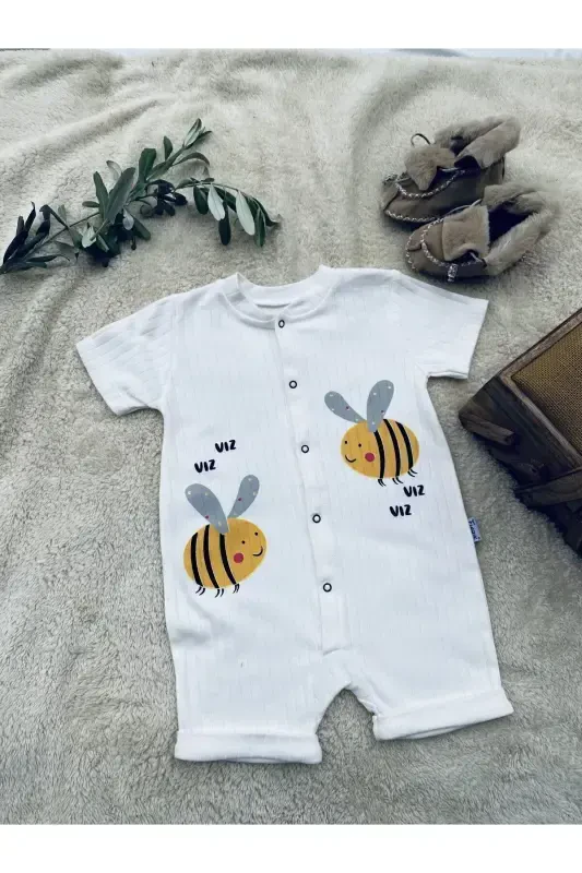 FINDIK BEBE KIDS ARI DESEN ÇITÇITLI KISA KOLLU ŞORT TULUM(ZIBIN)%100 PAMUK-BEYAZ - 1