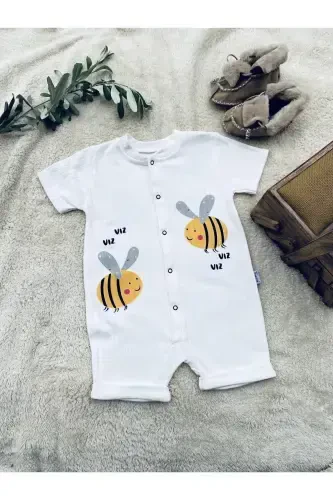 FINDIK BEBE KIDS ARI DESEN ÇITÇITLI KISA KOLLU ŞORT TULUM(ZIBIN)%100 PAMUK-BEYAZ - 3