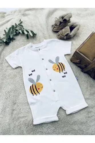 FINDIK BEBE KIDS ARI DESEN ÇITÇITLI KISA KOLLU ŞORT TULUM(ZIBIN)%100 PAMUK-BEYAZ - 4