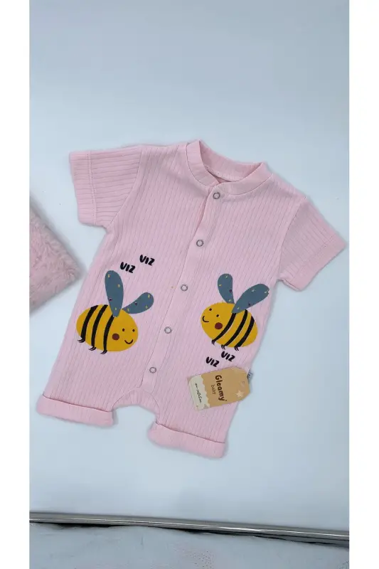 FINDIK BEBE KIDS ARI DESEN ÇITÇITLI KISA KOLLU ŞORT TULUM(ZIBIN)%100 PAMUK - PEMBE - 2