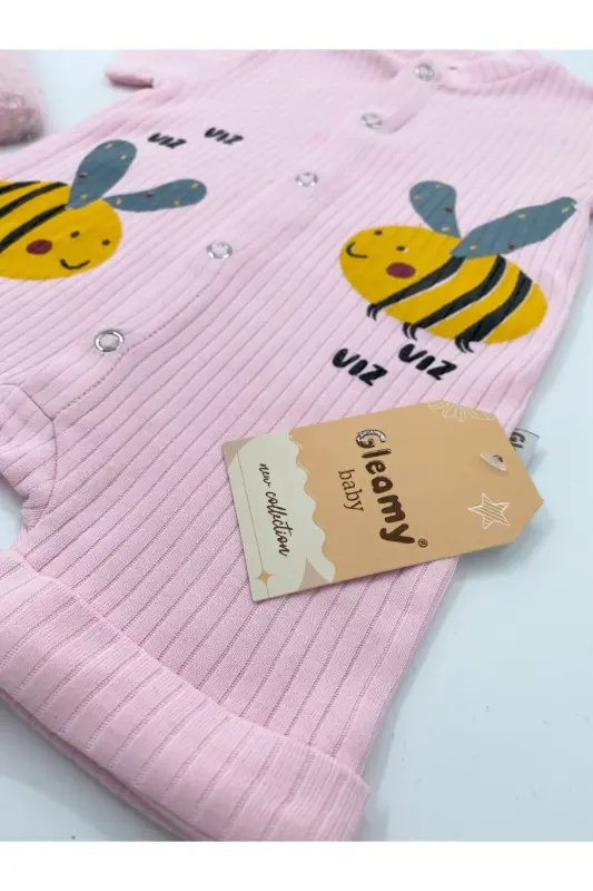 FINDIK BEBE KIDS ARI DESEN ÇITÇITLI KISA KOLLU ŞORT TULUM(ZIBIN)%100 PAMUK - PEMBE - 7