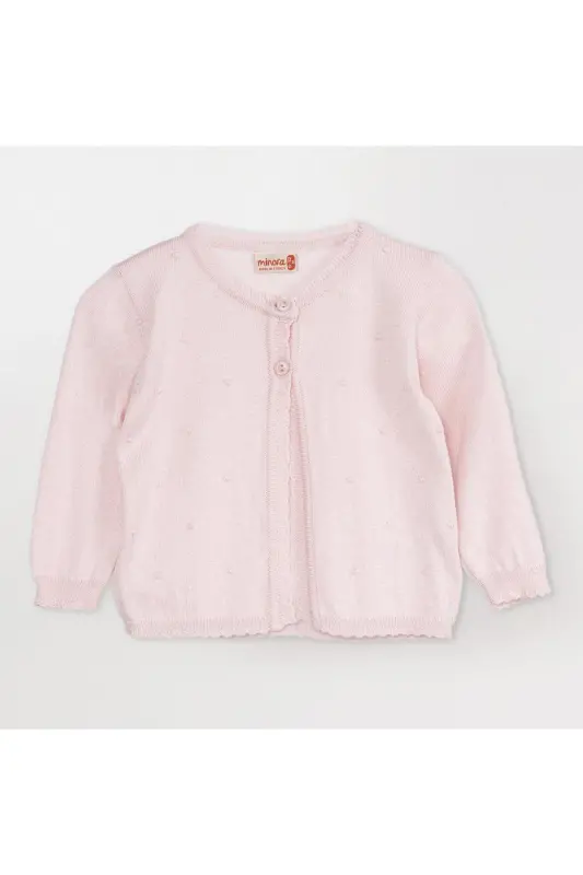 Fine Knit Baby Girl Cardigan with Pom Poms-Powder - 2