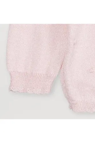 Fine Knit Baby Girl Cardigan with Pom Poms-Powder - 4