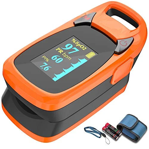 Fingertip Pulse Oximeter with Plethysmograph and Perfusion Index, Include Carrying case, Large OLED Digital Display Blood Oxygen Saturation Monitor Heart Rate Monitor (Color: Red-Orange) - 17