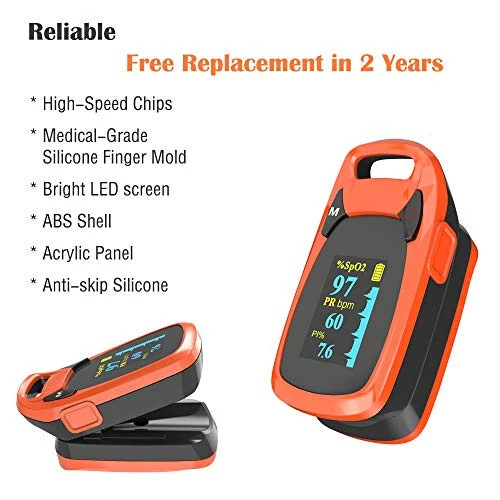 Fingertip Pulse Oximeter with Plethysmograph and Perfusion Index, Include Carrying case, Large OLED Digital Display Blood Oxygen Saturation Monitor Heart Rate Monitor (Color: Red-Orange) - 19