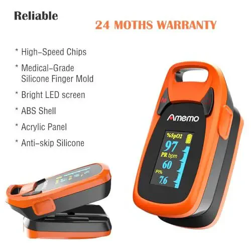 Fingertip Pulse Oximeter with Plethysmograph and Perfusion Index, Include Carrying case, Large OLED Digital Display Blood Oxygen Saturation Monitor Heart Rate Monitor (Color: Red-Orange) - 15