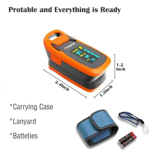 Fingertip Pulse Oximeter with Plethysmograph and Perfusion Index, Include Carrying case, Large OLED Digital Display Blood Oxygen Saturation Monitor Heart Rate Monitor (Color: Red-Orange) - 5