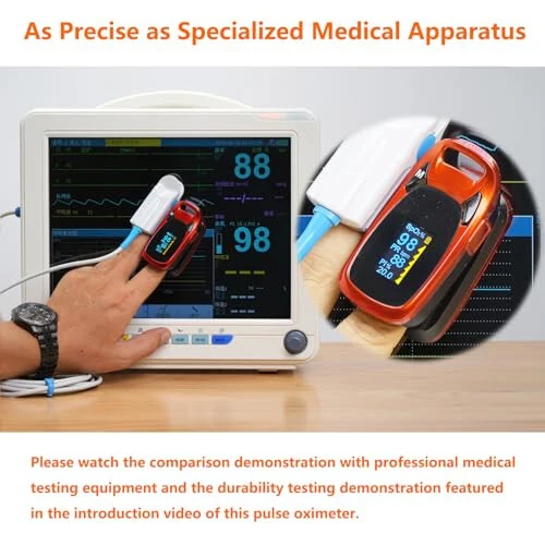 Fingertip Pulse Oximeter with Plethysmograph and Perfusion Index, Include Carrying case, Large OLED Digital Display Blood Oxygen Saturation Monitor Heart Rate Monitor (Color: Red-Orange) - 6