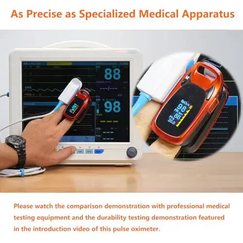 Fingertip Pulse Oximeter with Plethysmograph and Perfusion Index, Include Carrying case, Large OLED Digital Display Blood Oxygen Saturation Monitor Heart Rate Monitor (Color: Red-Orange) - 6