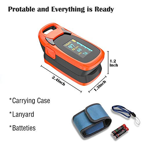 Fingertip Pulse Oximeter with Plethysmograph and Perfusion Index, Include Carrying case, Large OLED Digital Display Blood Oxygen Saturation Monitor Heart Rate Monitor (Color: Red-Orange) - 21