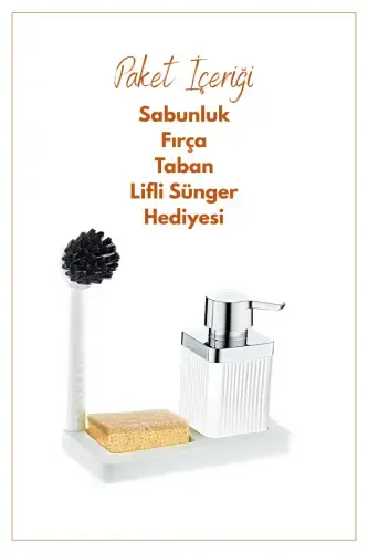 Fırçalı Sıvı Sabunluk Ve Sünger Seti - Standlı Plastik Mutfak Banyo Sabunluk Lifli Sünger Hediyeli-BEYAZ - 2