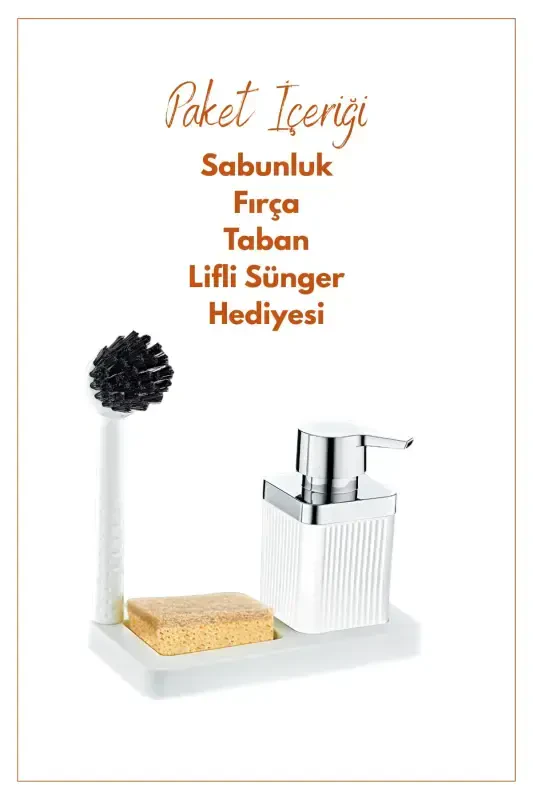 Fırçalı Sıvı Sabunluk Ve Sünger Seti - Standlı Plastik Mutfak Banyo Sabunluk Lifli Sünger Hediyeli-BEYAZ - 2