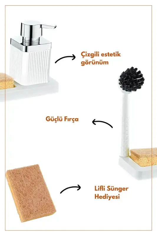 Fırçalı Sıvı Sabunluk Ve Sünger Seti - Standlı Plastik Mutfak Banyo Sabunluk Lifli Sünger Hediyeli-BEYAZ - 3