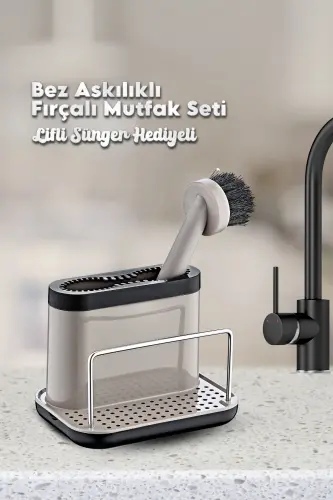 Fırçalı Telli Mutfak Seti Bej- Standlı Plastik Mutfak Lifli Sünger Hediyeli-Bej - 1