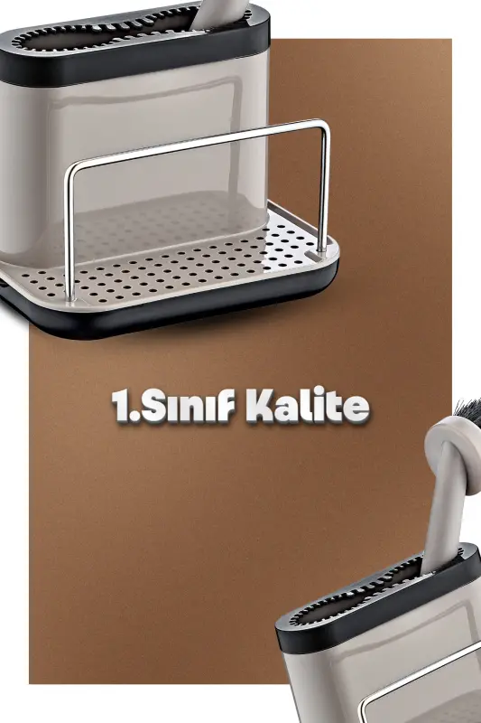 Fırçalı Telli Mutfak Seti Bej- Standlı Plastik Mutfak Lifli Sünger Hediyeli-Bej - 3