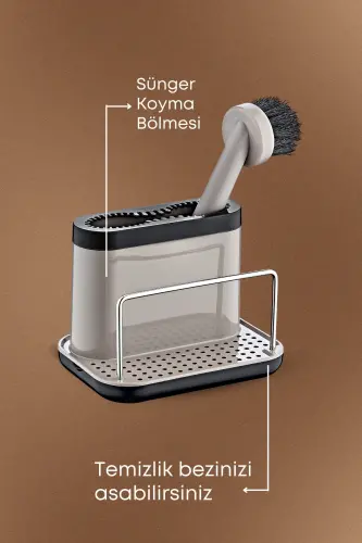 Fırçalı Telli Mutfak Seti Bej- Standlı Plastik Mutfak Lifli Sünger Hediyeli-Bej - 4